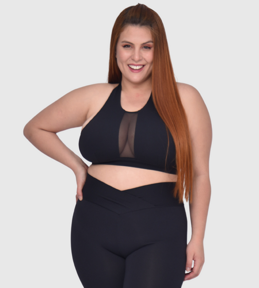 High-Compression Plus Size Sports Bra with Tulle Detail