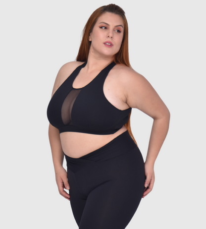 High-Compression Plus Size Sports Bra with Tulle Detail